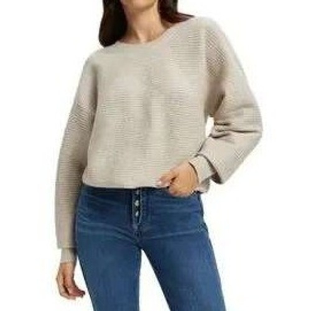 Good American Ribbed Balloon Sleeve Crewneck Sweater in Oatmeal Heather‎ Size 1